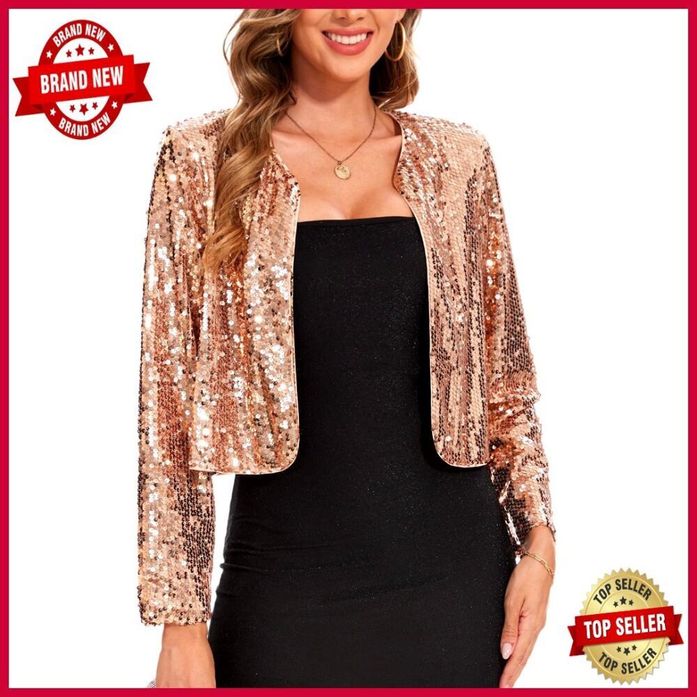 Sequin Cropped Blazer Small Open Front Long Sleeve Hook Closure Hand Wash